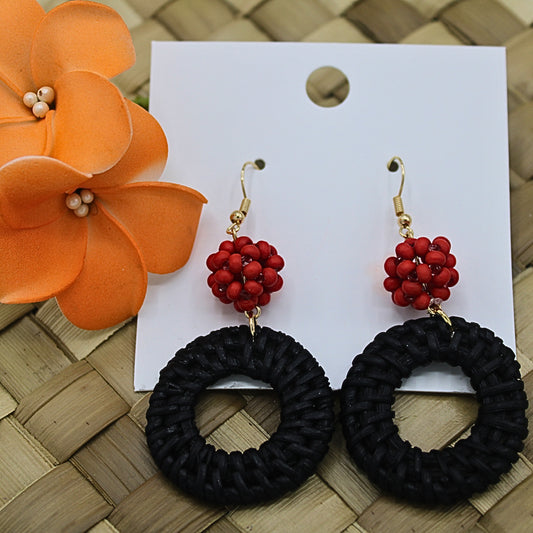 Black Rattan Dangle Earrings with Red Beads-Authentic Samoan/Polynesian Earrings