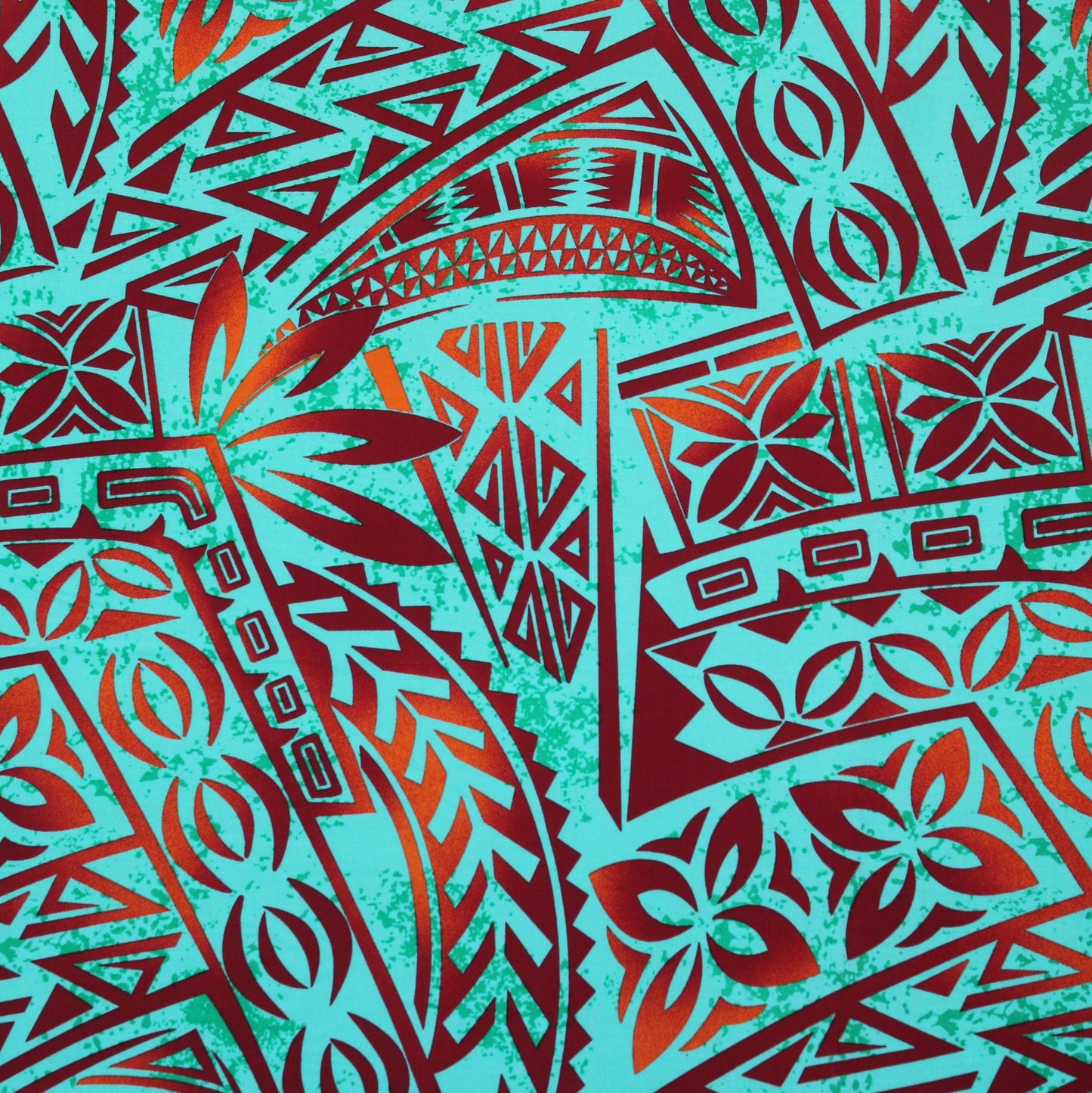 Samoan Rayon Print Fabric - Polynesian Design (Maroon and Orange on Mint Green) 44"x36"