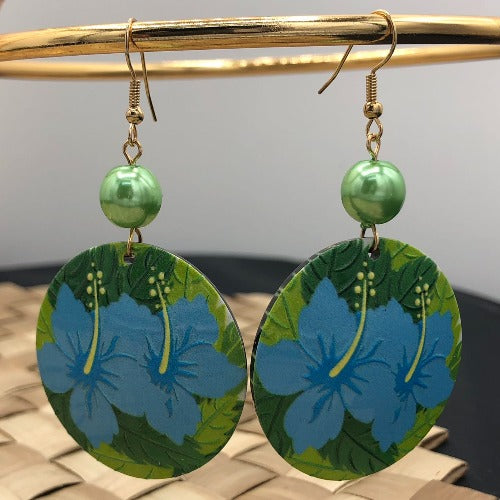 Blue Hibiscus Dangle Earring with Green Pearl