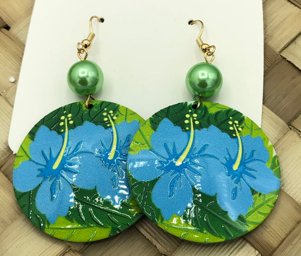 Blue Hibiscus Dangle Earring with Green Pearl