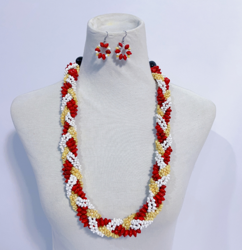 Braided Red Lopa Seed and Mongo shell Necklace set