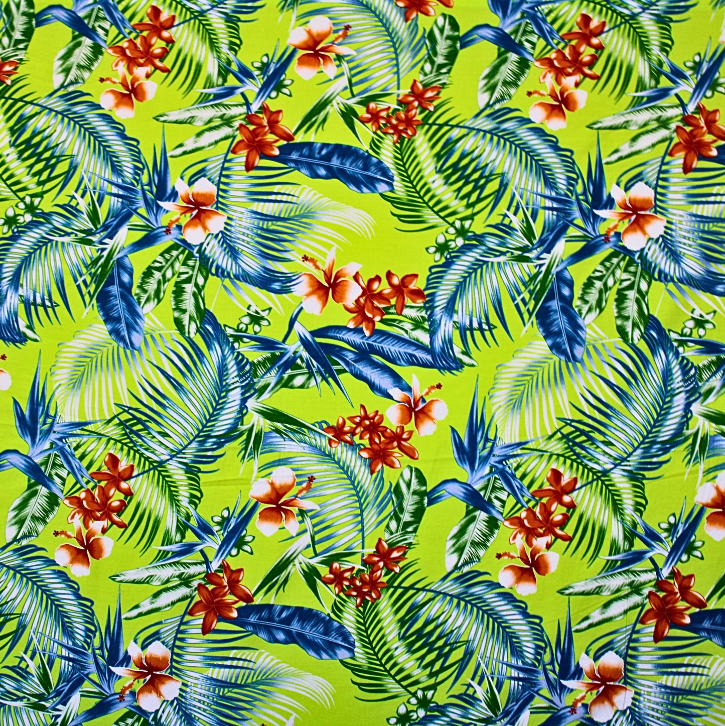 Samoan Rayon Print Fabric - Tropical Seamless Pattern with Leaves and Flowers on Light Green