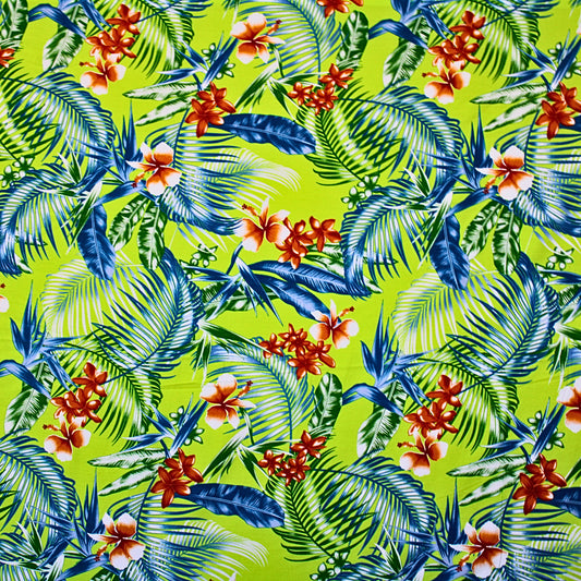 Samoan Rayon Print Fabric - Tropical Seamless Pattern with Leaves and Flowers on Light Green