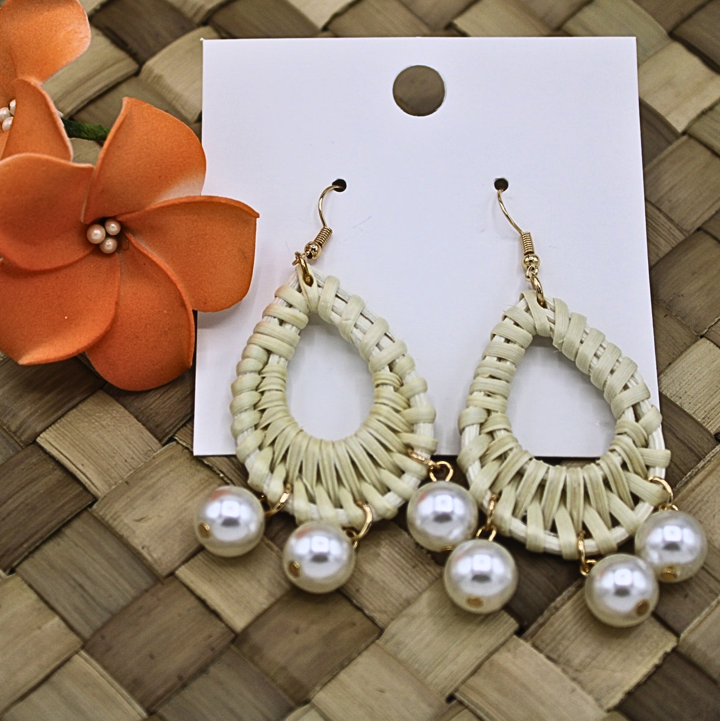 Rattan Teardrop Earrings with White Pearls-Authentic Samoan/Polynesian Earrings