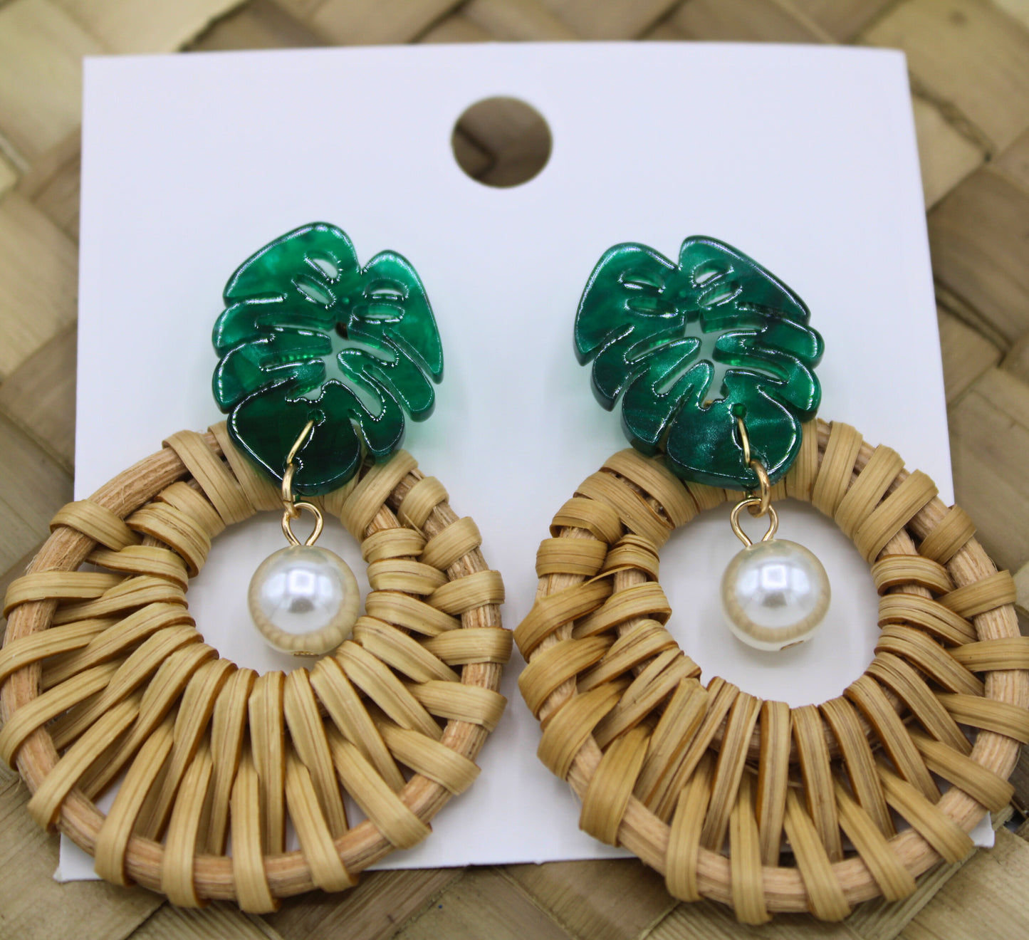 Woven Rattan Earrings with Monstera Leaf and White Pearl-Authentic Samoan/Polynesian Earrings