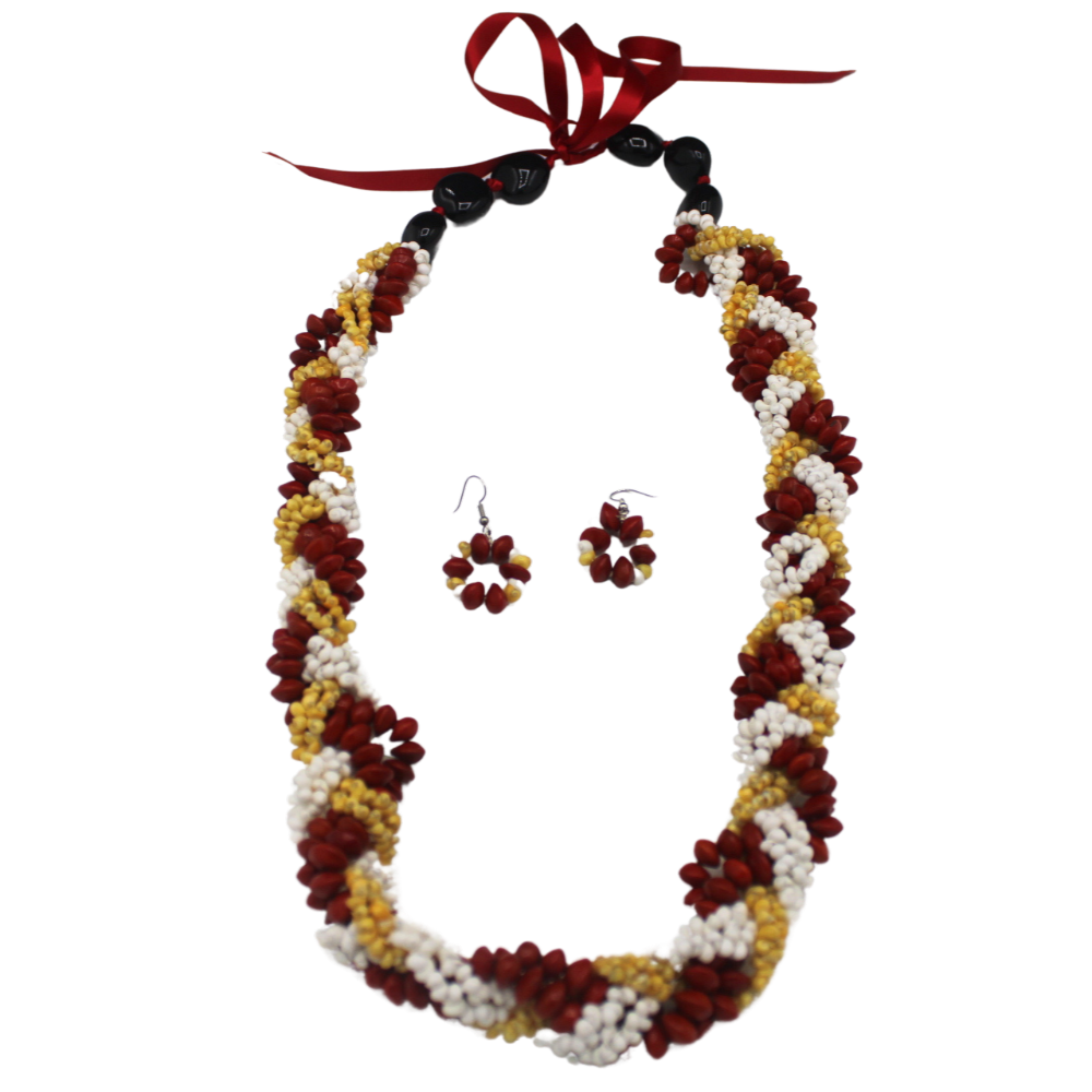 Braided Red Lopa Seed and Mongo Shell Necklace set