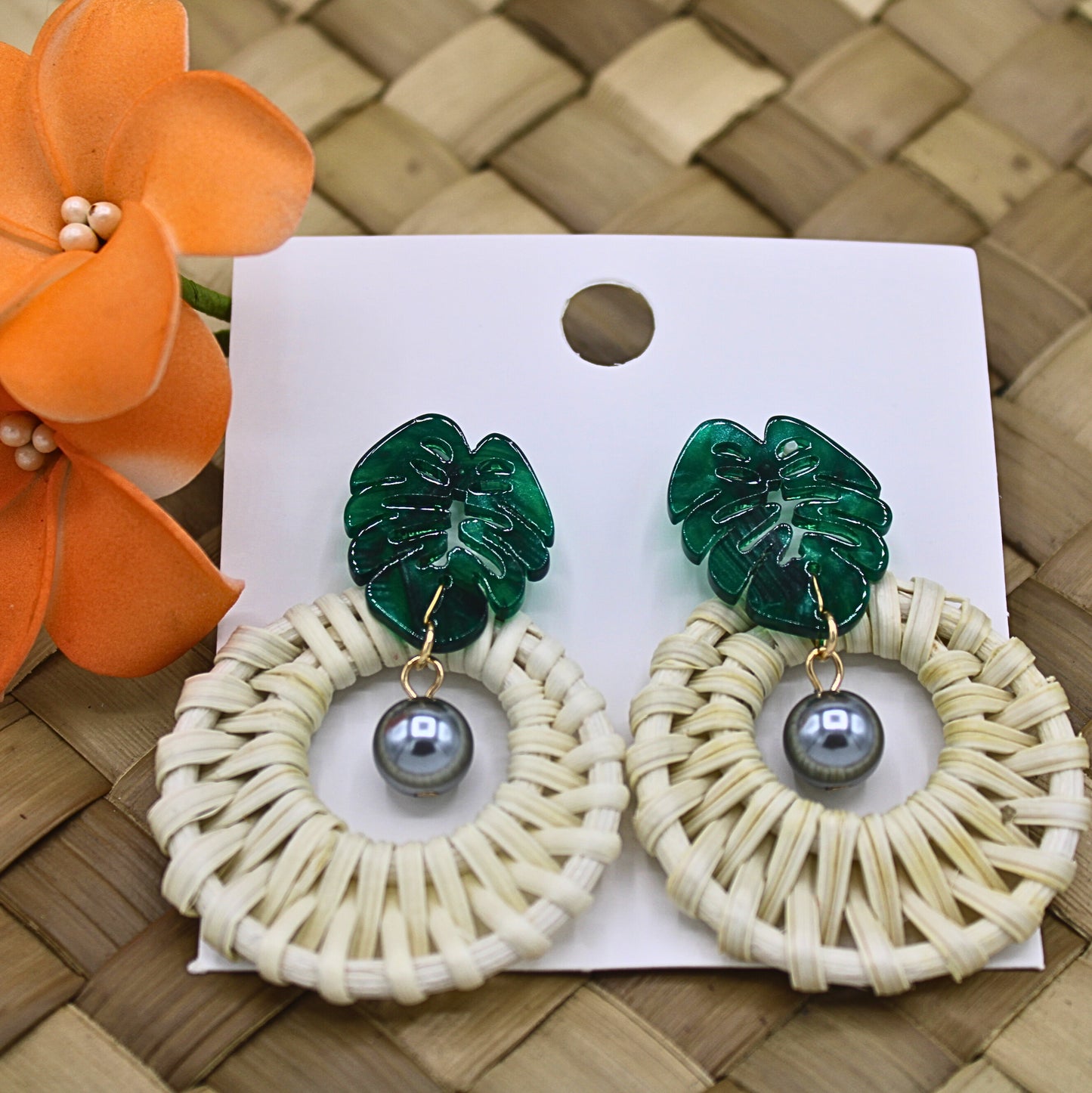 Woven Rattan Earrings with Green Abalone Shell Leaf and Gray Pearl-Authentic Samoan/Polynesian Earrings