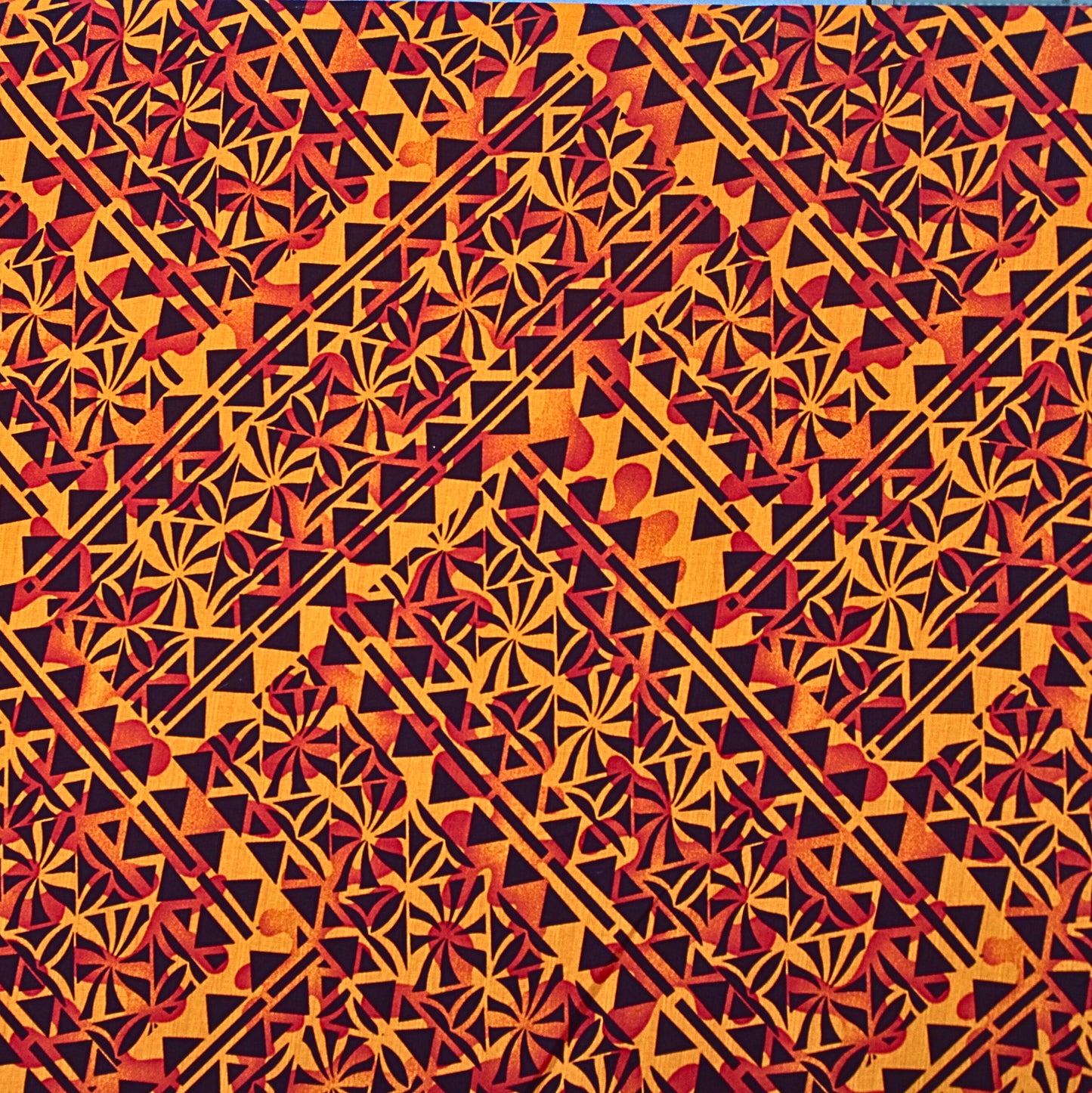 Dobby Print Material - Samoan Design Seamless Pattern (Orange, Maroon, and Black) - 44"x36"