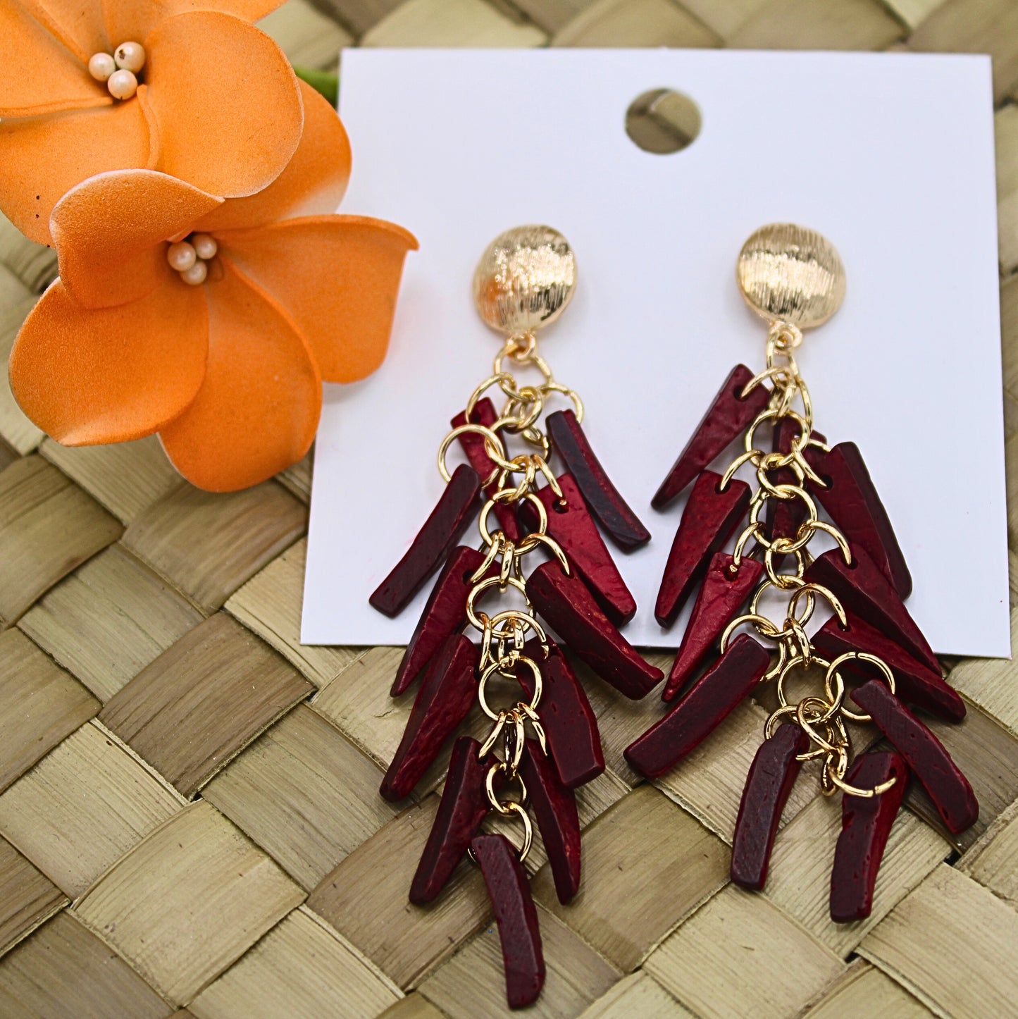 Burgundy Dangle Earrings |Coconut Shell Earrings-Authentic Samoan/Polynesian Earrings