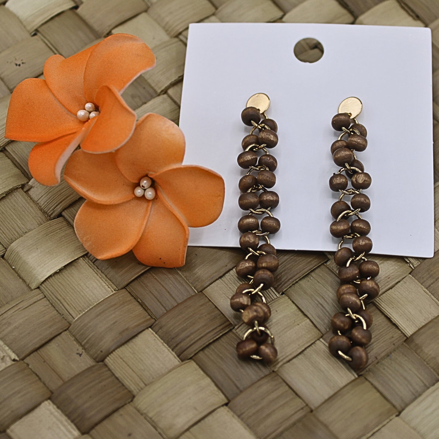 Wooden Beaded Long Drop Earrings with Studs-Authentic Samoan/Polynesian Earrings