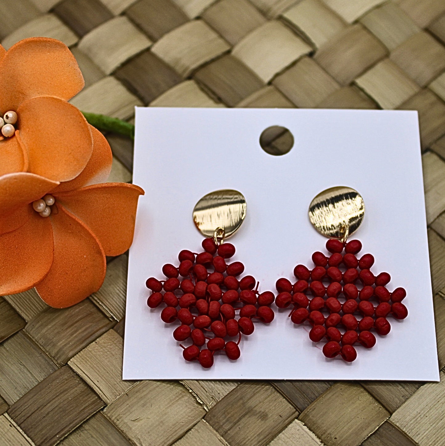 Red Bead Dangle Earrings - Diamond Shaped |Authentic Samoan/ Polynesian Earrings