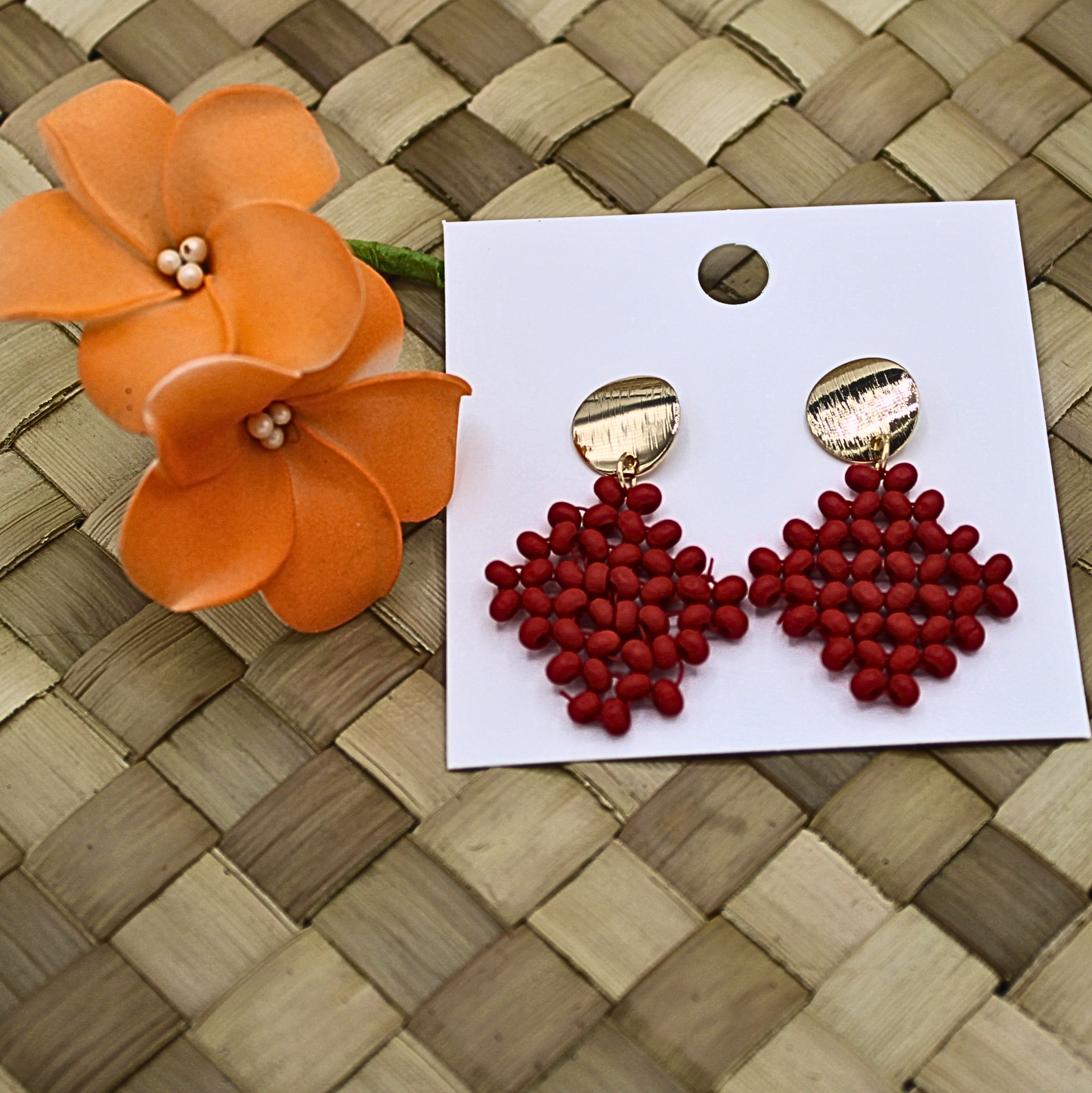 Red Bead Dangle Earrings - Diamond Shaped |Authentic Samoan/ Polynesian Earrings