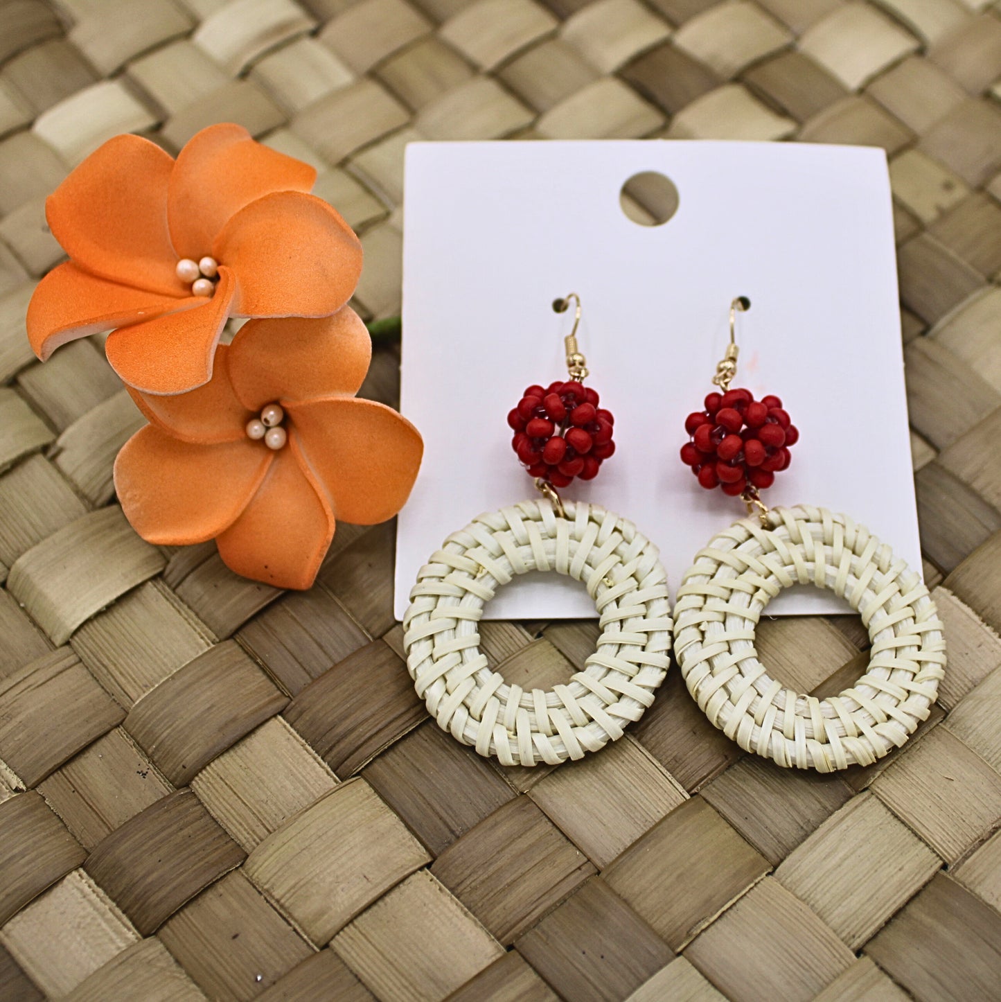 Woven Rattan Dangle Earrings with Red Beads-Authentic Samoan/ Polynesian Earrings