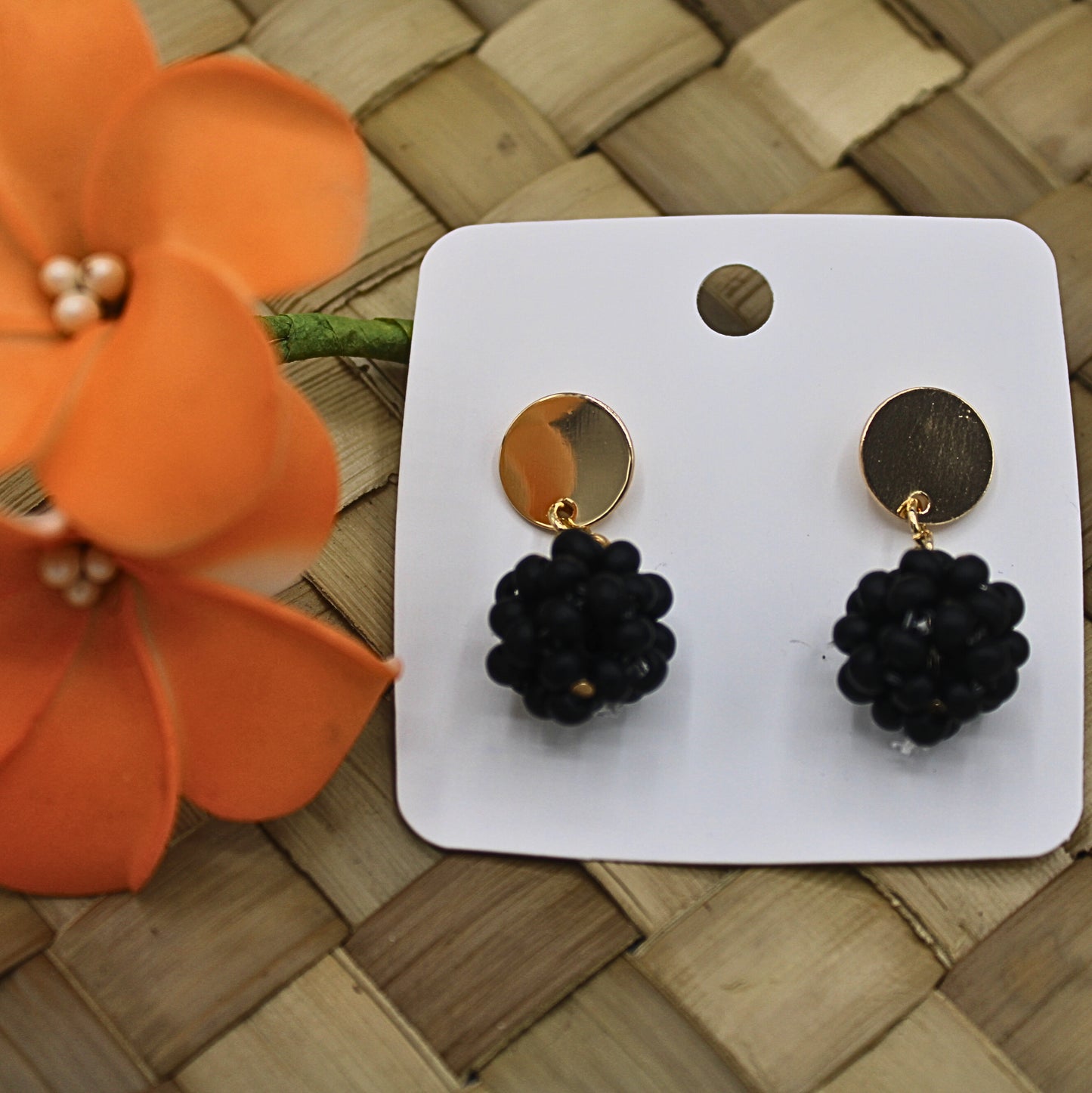 Black Beaded Round Stud Drop Earrings-Authentic Samoan/Polynesian Earrings