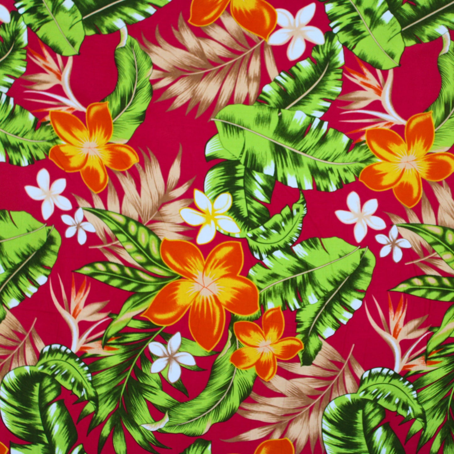 Samoan Rayon Print Fabrics - Tropical Seamless Pattern with Leaves and Flowers on Hot Pink (44"x36")