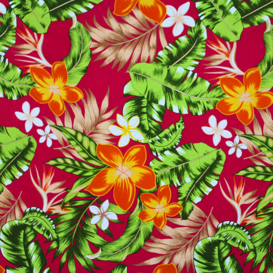 Samoan Rayon Print Fabrics - Tropical Seamless Pattern with Leaves and Flowers on Hot Pink (44"x36")