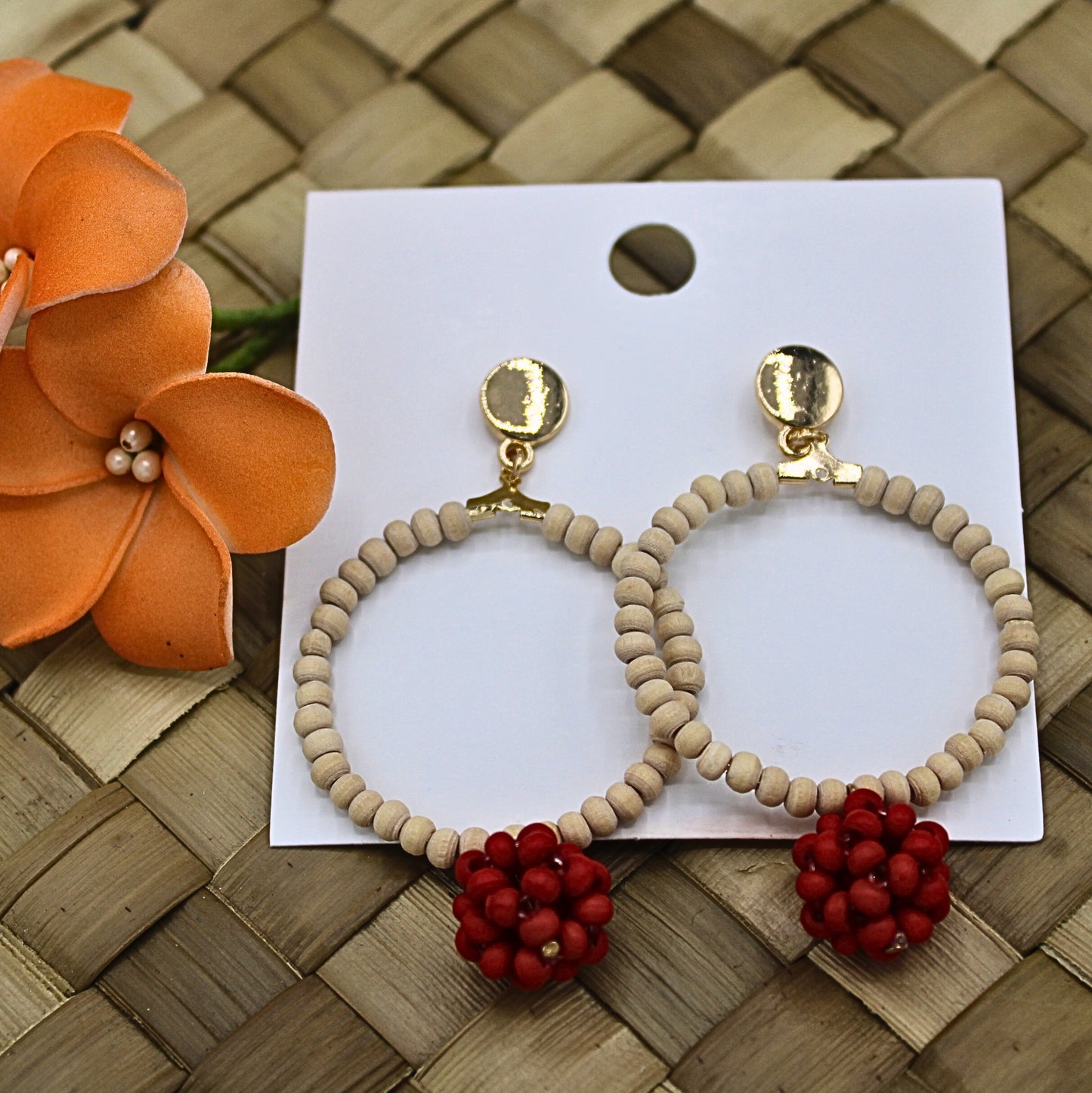 Wood Beaded Drop Earrings-Authentic Samoan/Polynesian Earrings