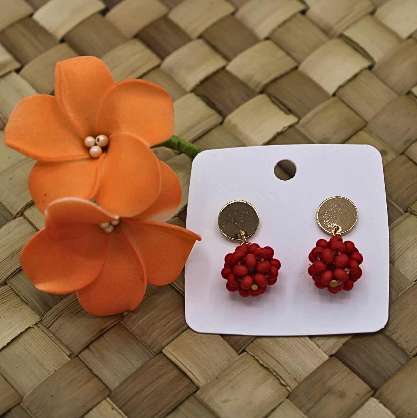 Red Beaded Round Stud Drop Earrings-Authentic Samoan/Polynesian Earrings