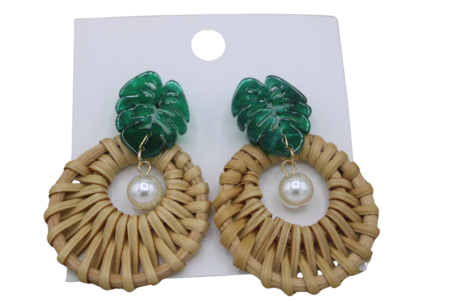 Woven Rattan Earrings with Monstera Leaf and White Pearl-Authentic Samoan/Polynesian Earrings