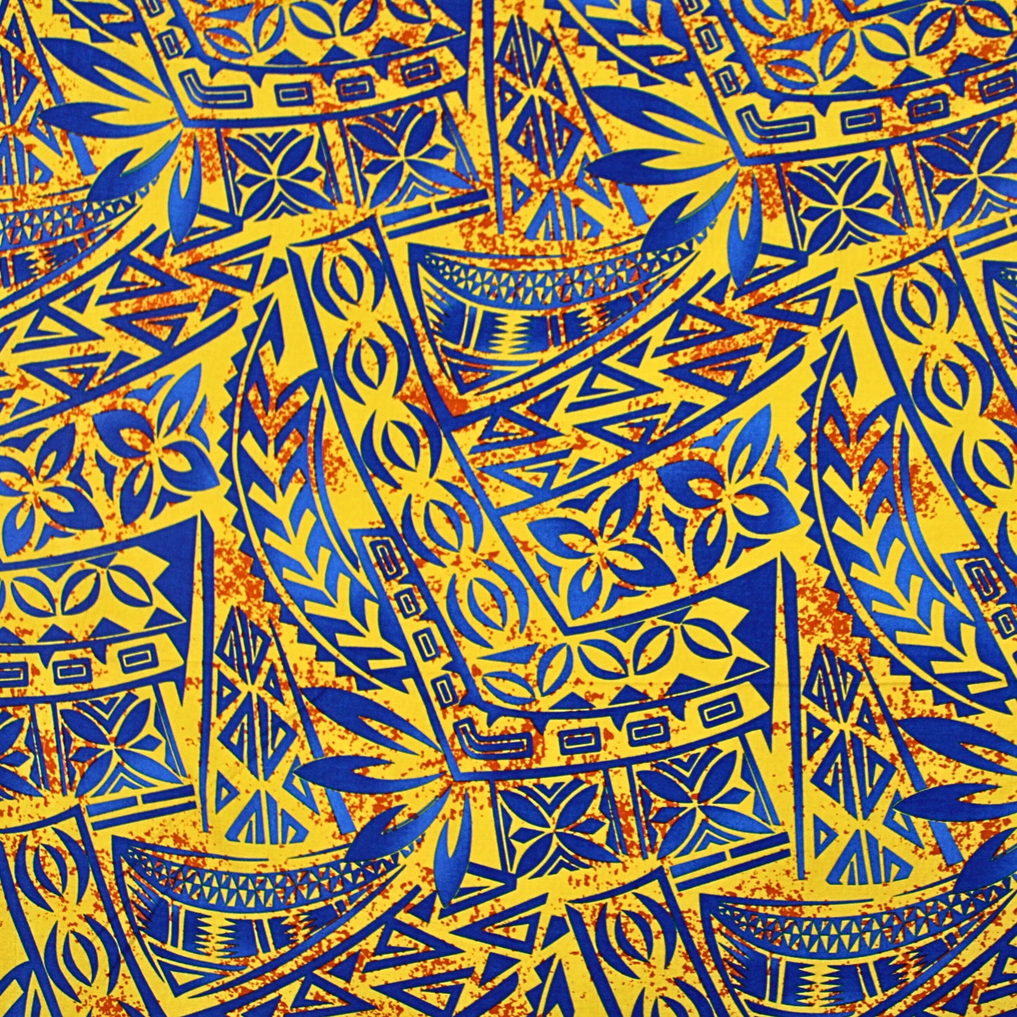 Samoan Rayon Print Fabric - Polynesian Design Seamless Pattern (Blue and Orange on Yellow) 44"x36"