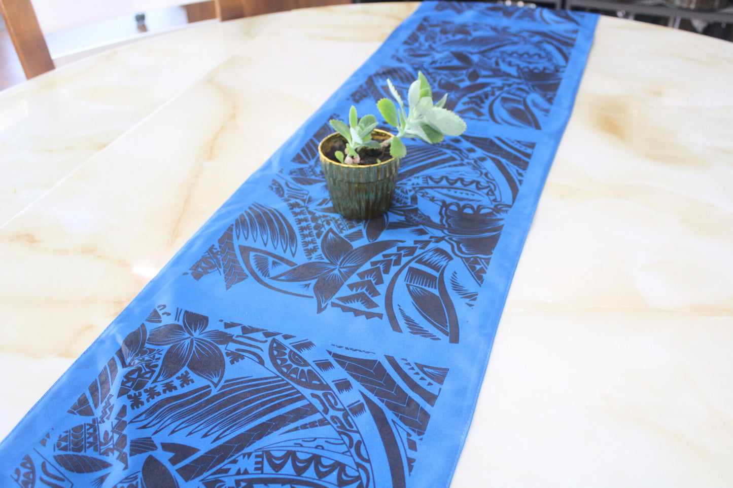 Polynesian Tribal in Black &amp; Blue Table Runner, Polynesian Table Runner, Island Table Decoration, Artistic Design.