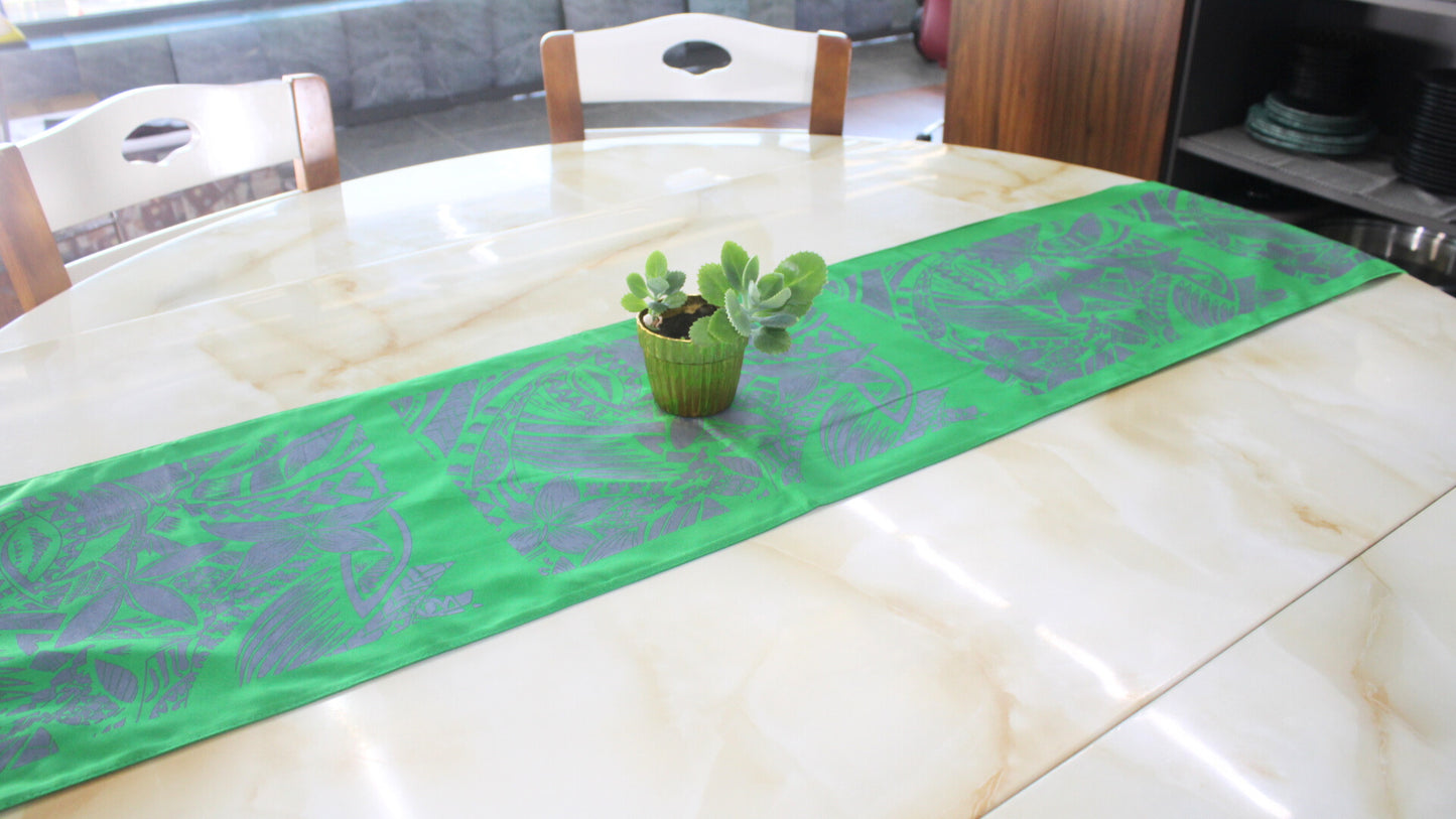 Polynesian Tribal in Green; Gray Table Runner, Polynesian Table Runner, Island Table Decoration, Artistic Design.