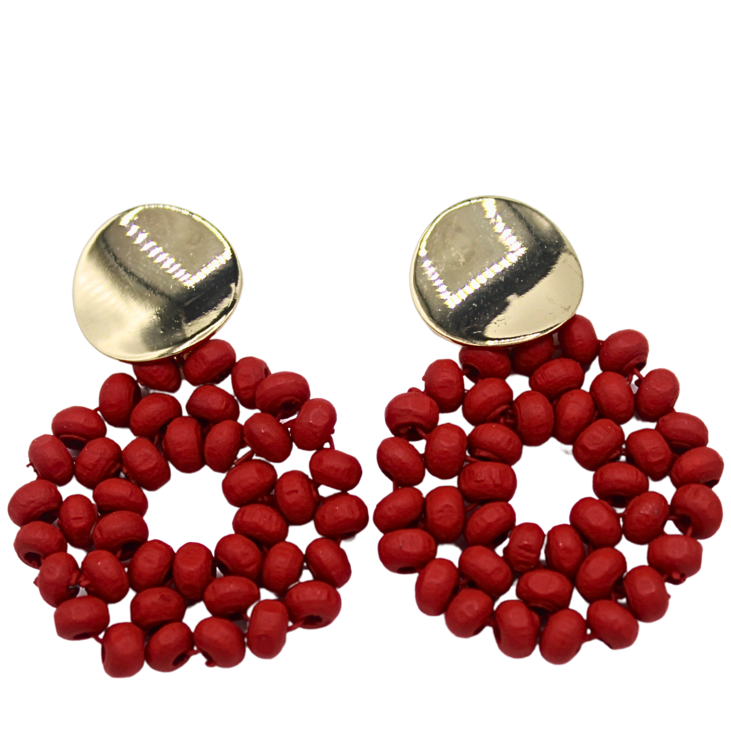 Red Wooden Beaded Round Stud Dangle Earrings-Authentic Samoan/Polynesian Earrings