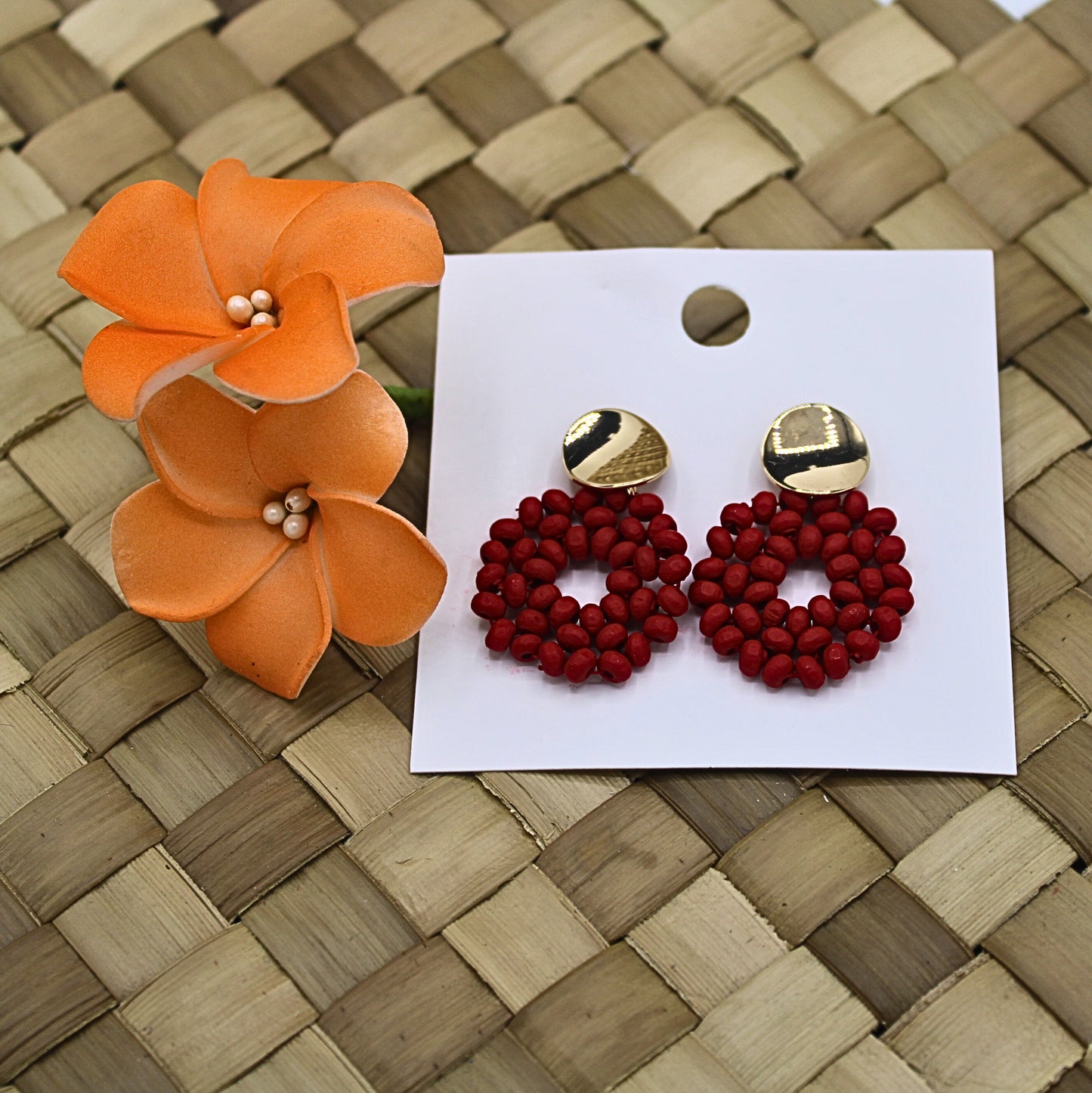 Red Wooden Beaded Round Stud Dangle Earrings-Authentic Samoan/Polynesian Earrings