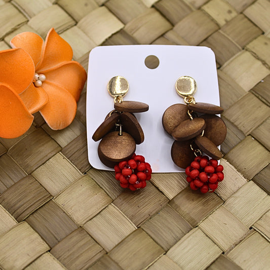 Round Wooden Ethnic Style Earrings with Red Beads - Authentic Samoan/ Polynesian Earrings