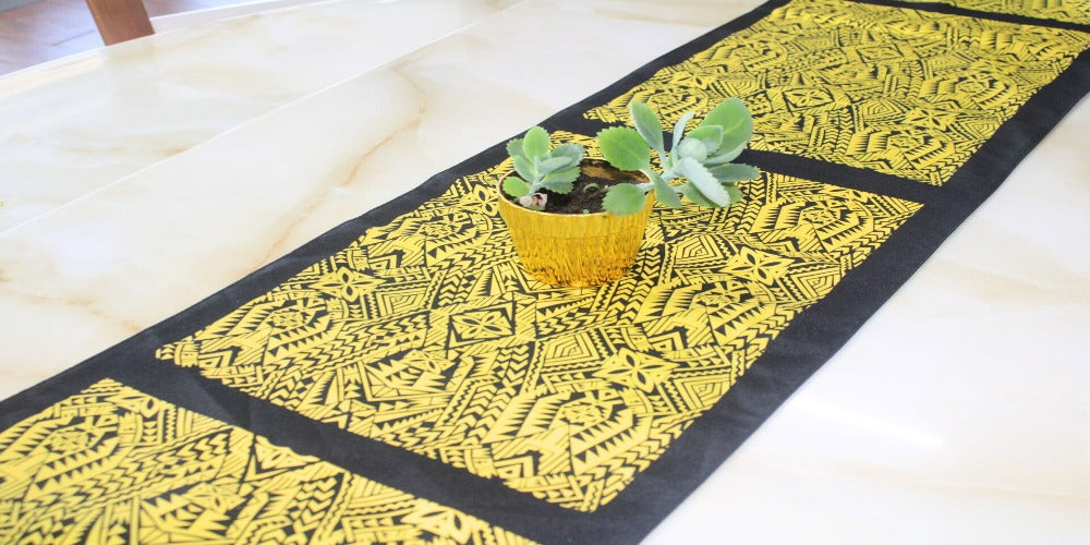 Polynesian Tribal in Black & Yellow Table Runner, Polynesian Table Runner, Island Table Decoration, Artistic Design.