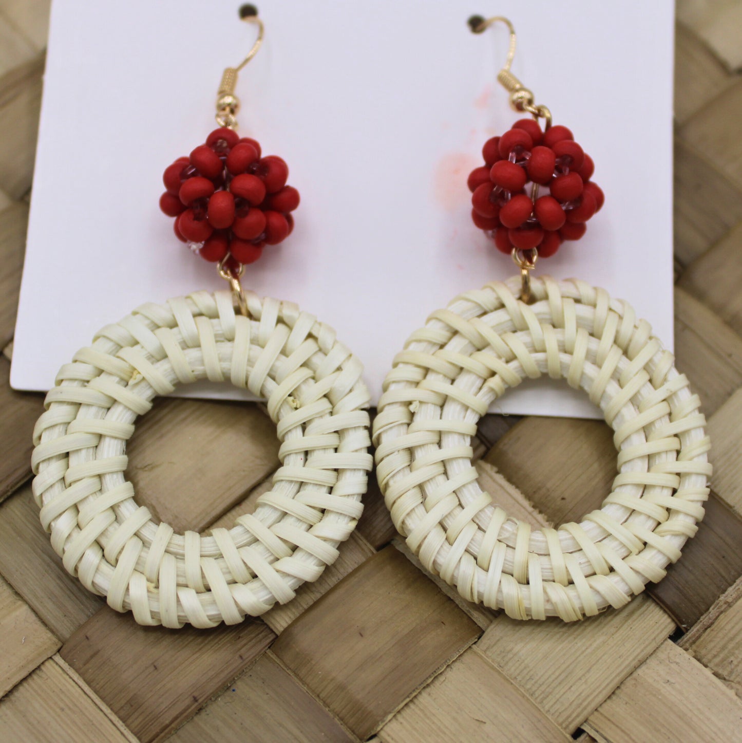 Woven Rattan Dangle Earrings with Red Beads-Authentic Samoan/ Polynesian Earrings