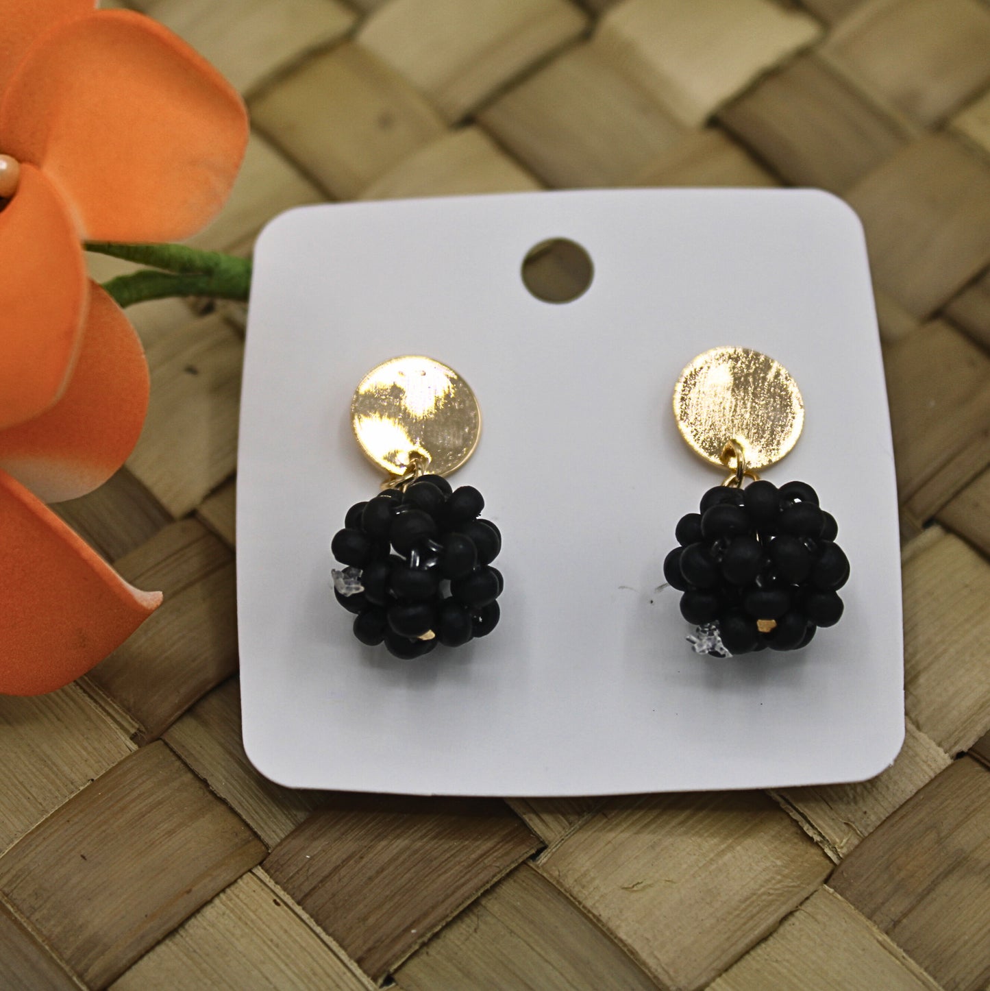 Black Beaded Round Stud Drop Earrings-Authentic Samoan/Polynesian Earrings