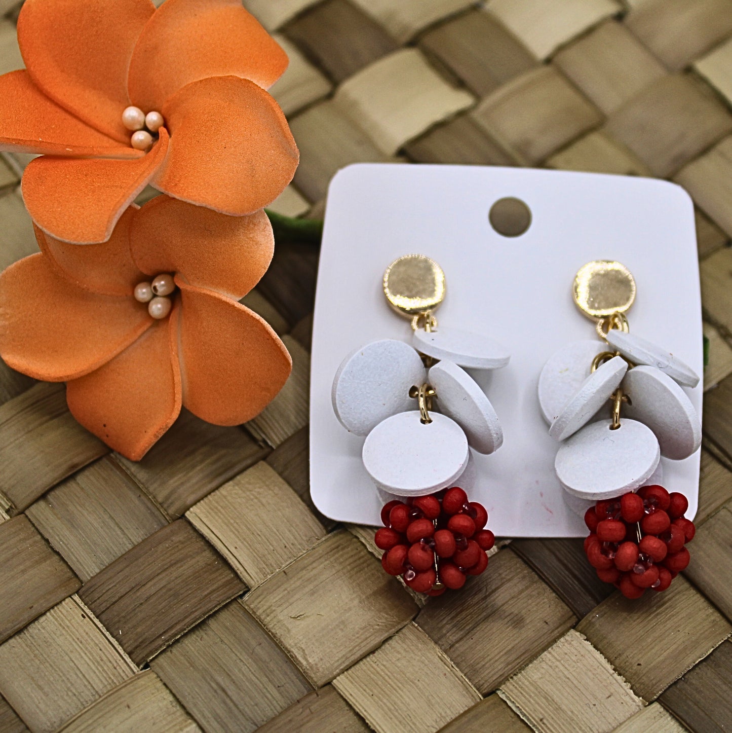 Round White Ethnic Style Earrings with Red Beads-Authentic Samoan/Polynesian Earrings