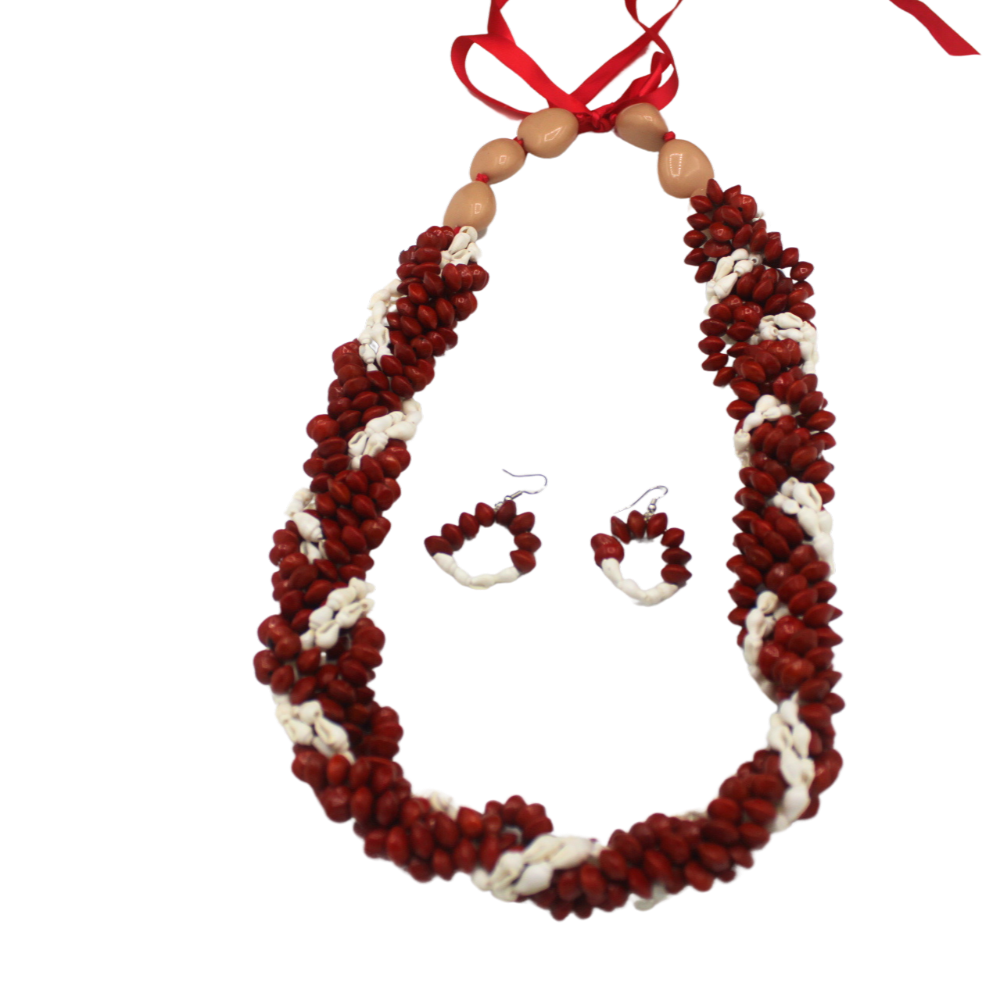 Red Lopa Necklace set with natural long cowry shell