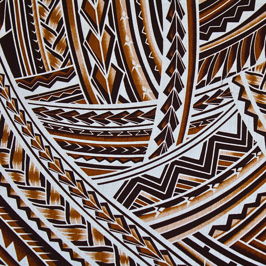 Dobby Print Material - Polynesian Tribal Design (Dark Brown and Light Brown on Off White) - 44"x36"