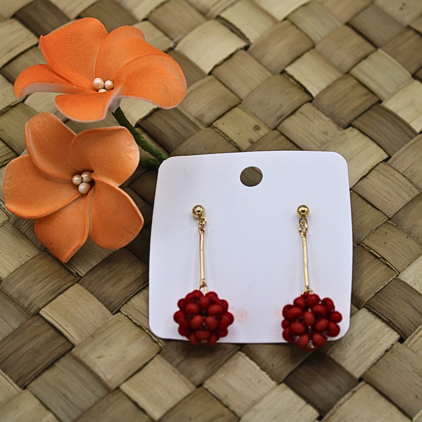 Wooden Beaded Red Round Drop Earrings - Authentic Samoan/Polynesian Earrings