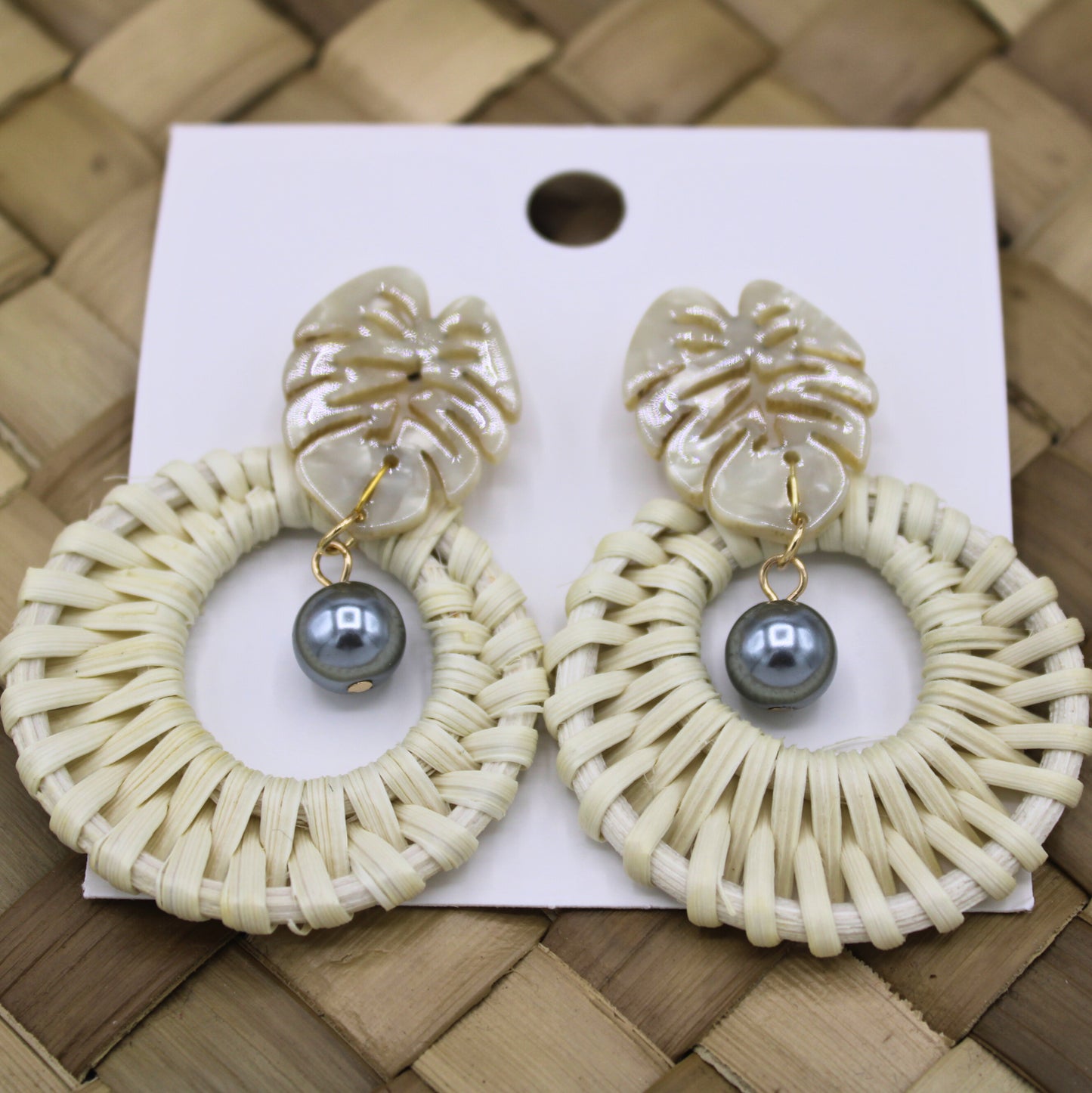 Woven Rattan Earrings with Abalone Shell and Gray Pearls-Authentic Samoan/Polynesian Earrings