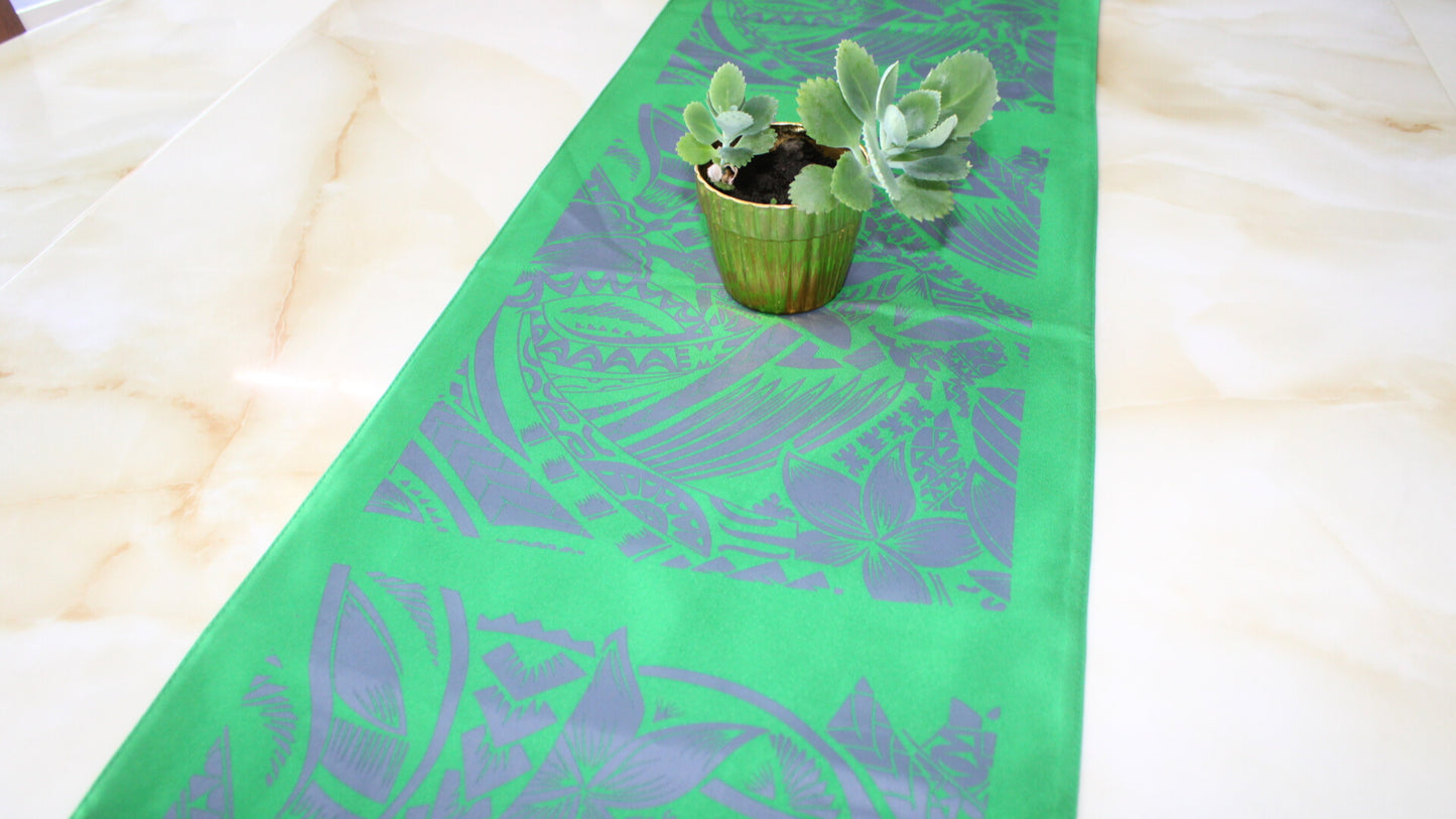 Polynesian Tribal in Green; Gray Table Runner, Polynesian Table Runner, Island Table Decoration, Artistic Design.