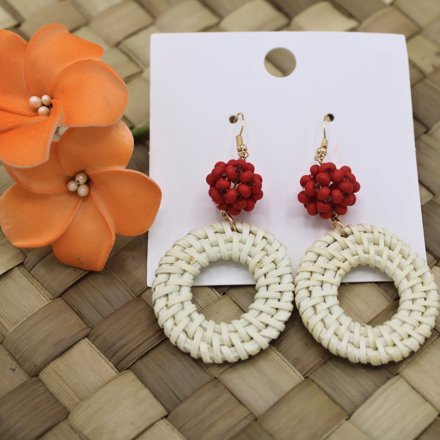 Woven Rattan Dangle Earrings with Red Beads-Authentic Samoan/ Polynesian Earrings