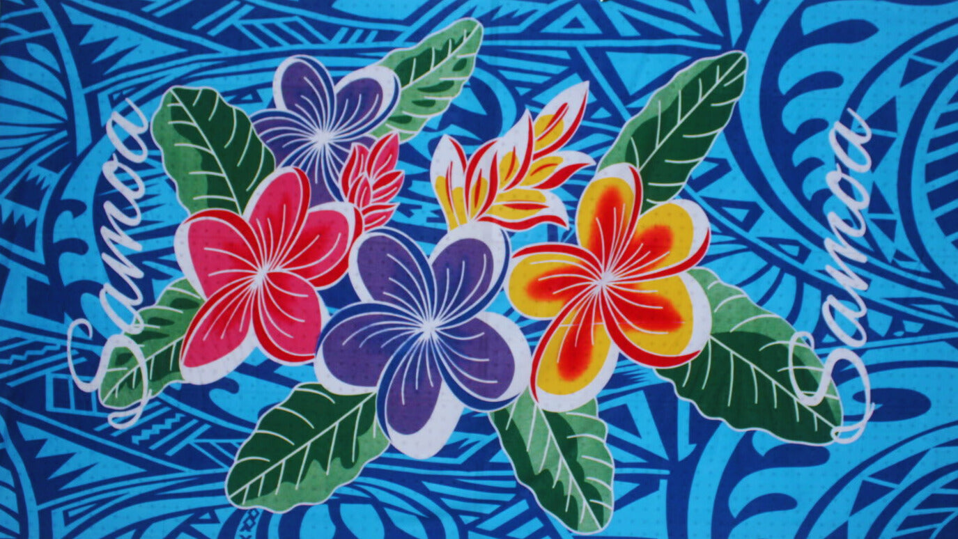 Sarong, Blue with flowers and Samoan Design