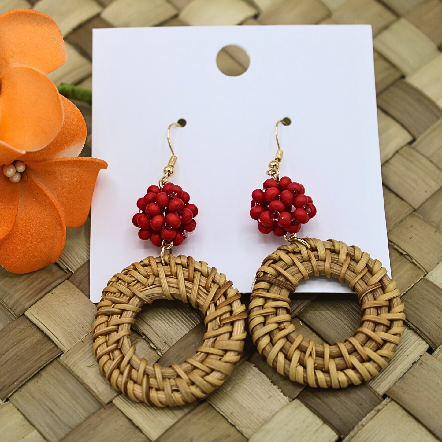 Woven Rattan Round Drop Earrings with Red Beads-Authentic Samoan/Polynesian Earrings