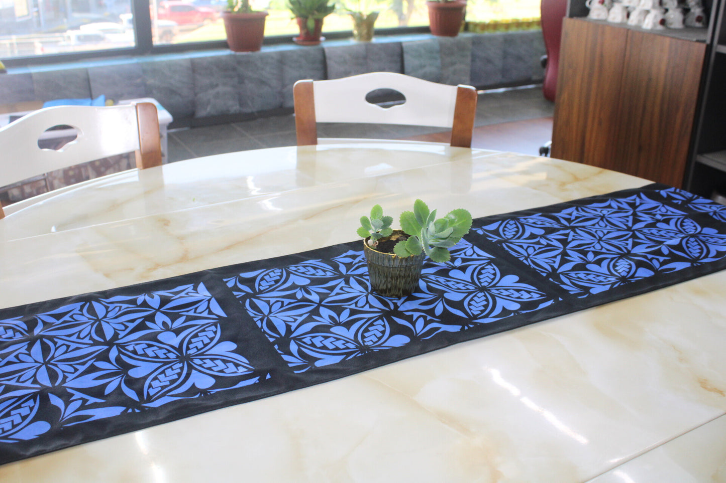 Polynesian Tribal in Black &amp; Blue Table Runner, Polynesian Table Runner, Island Table Decoration, Artistic Design.