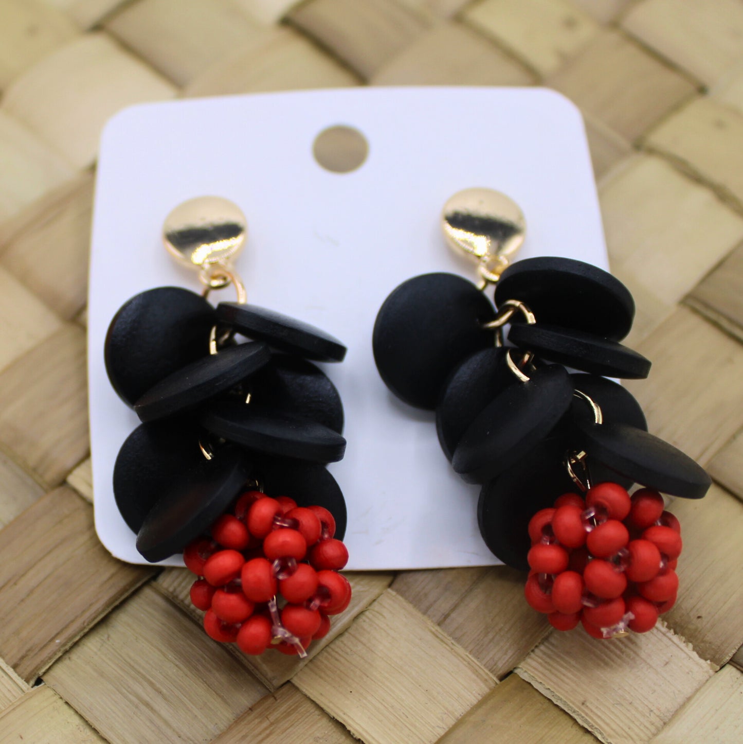 Round Black Ethnic Style Earrings with Red Beads - Authentic Samoan/Polynesian Stud Drop Earrings