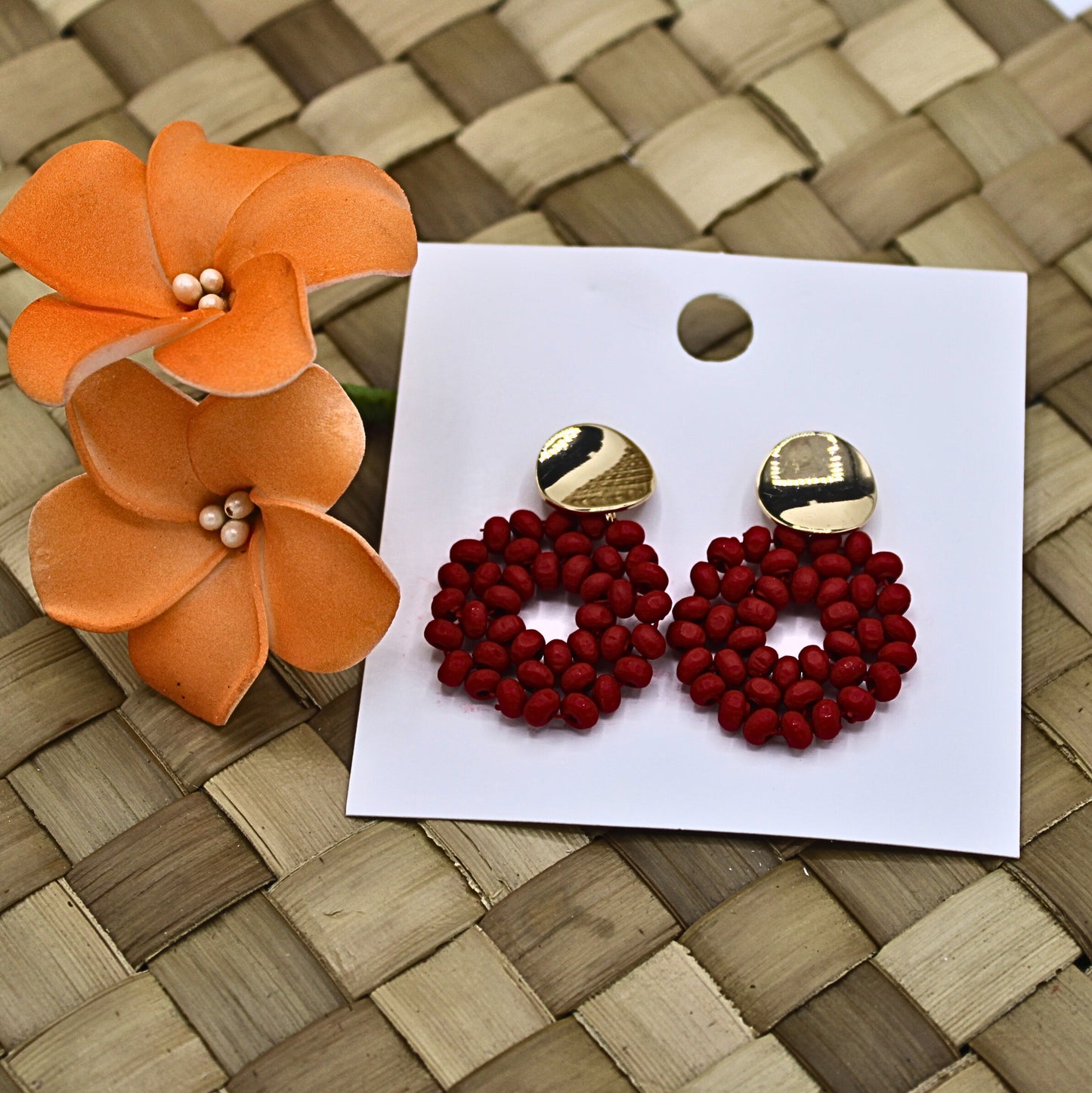 Red Wooden Beaded Round Stud Dangle Earrings-Authentic Samoan/Polynesian Earrings