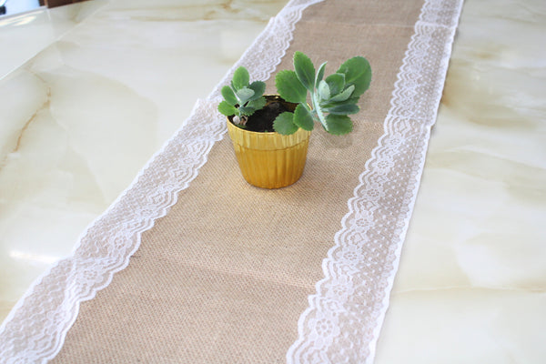 Burlap Table Runner  with lace on the side | Natural Rustic Jute | For Wedding and Party Decoration | Home Table