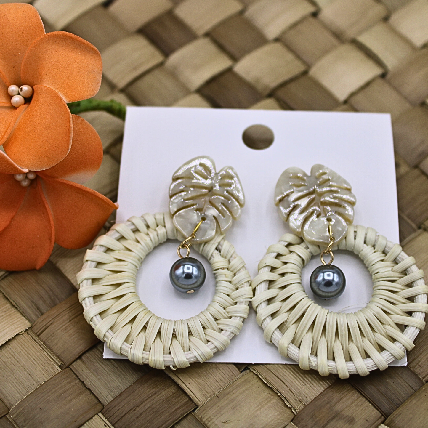 Woven Rattan Earrings with Abalone Shell and Gray Pearls-Authentic Samoan/Polynesian Earrings