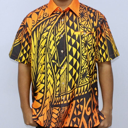 Samoan Tattoo Print Shirt- Orange/Black