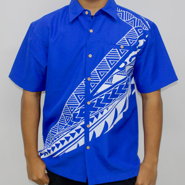 Samoan Tattoo Print Shirt- Blue/White