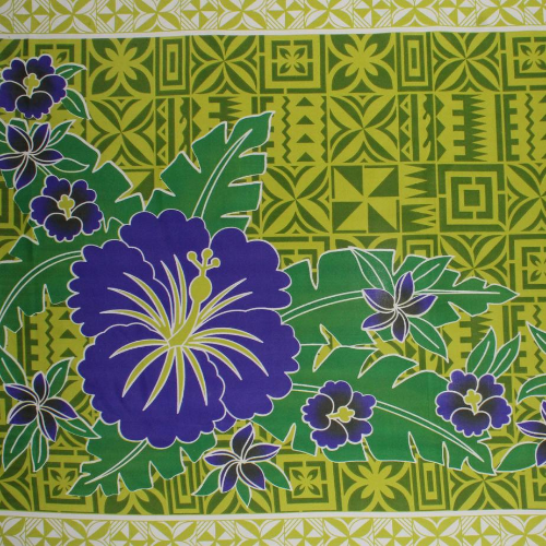 Green with blue flowers Samoan design with shells and geometric patterns on quick-dry polyester fabric