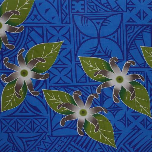 Light blue background with blue Samoan design geometric patterns with grey flowers and green leaves on quick-dry polyester fabric